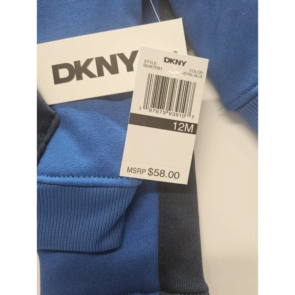 DKNY  12M, Set‎ Of 3, Blue Pull Over Hoodie/Blue Pants/ Crew Neck White T Shirt